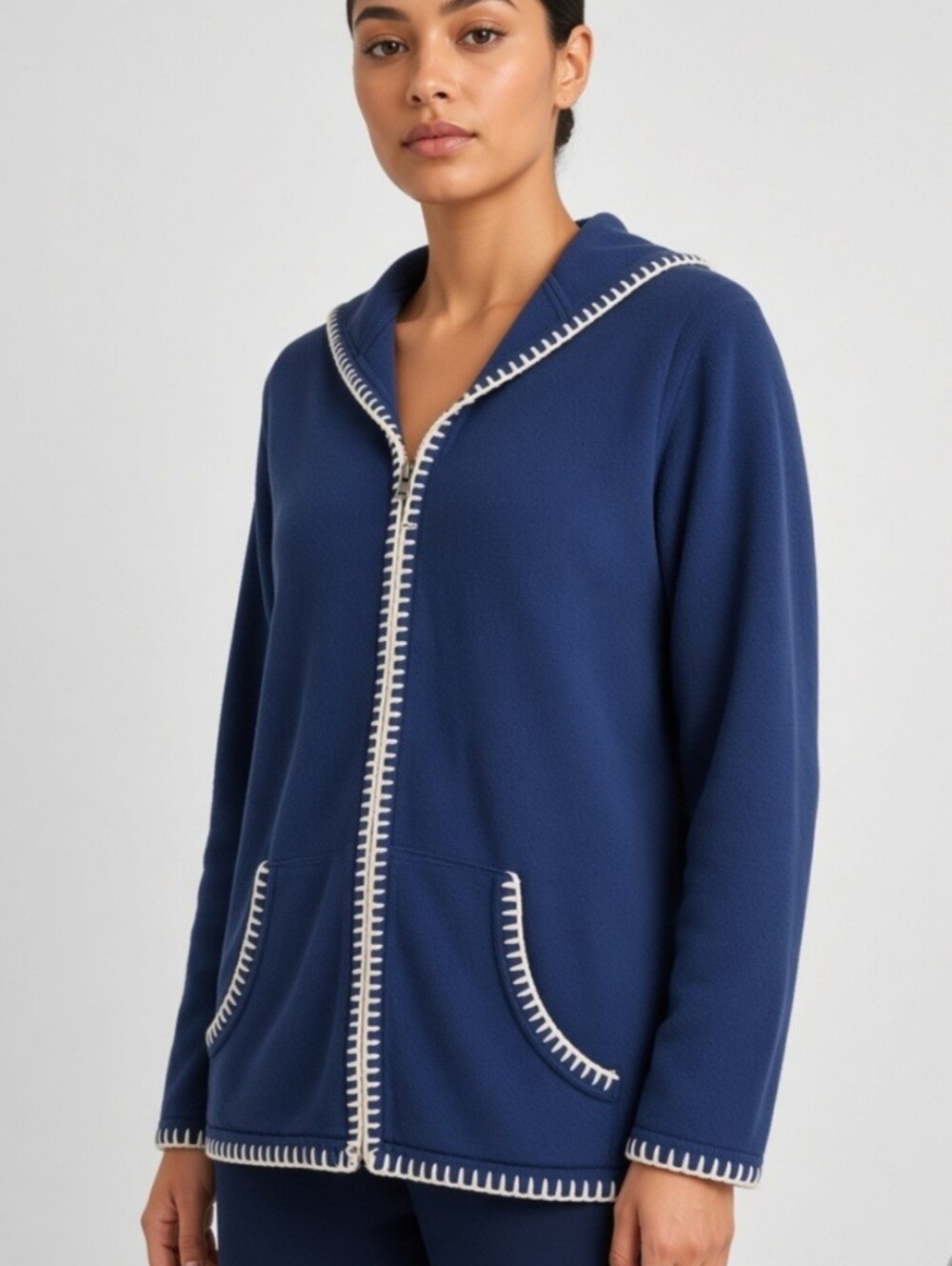 CJ Banks Women Plus 1X Zip Hoodie Cardigan Sweater Blue Knit Whipstitch Trim